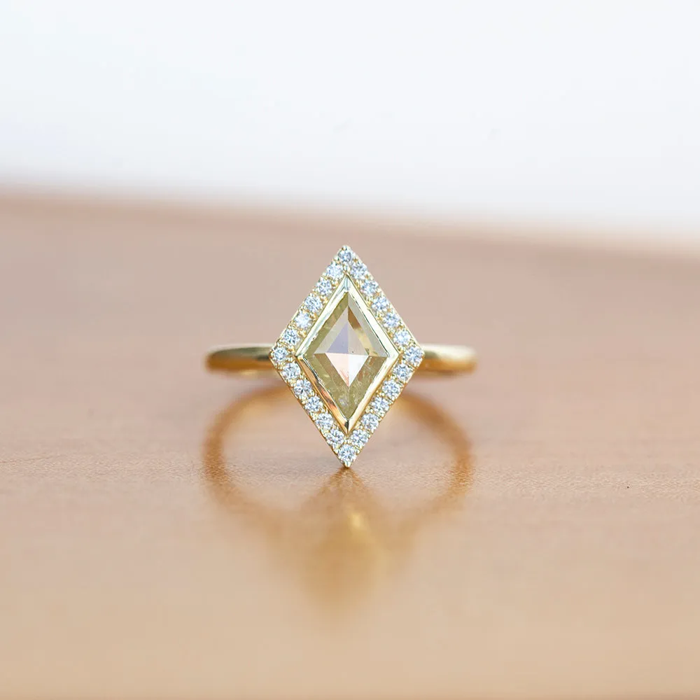 0.57ct Kite Shaped Rosecut Low Profile Halo Ring in 14k Yellow