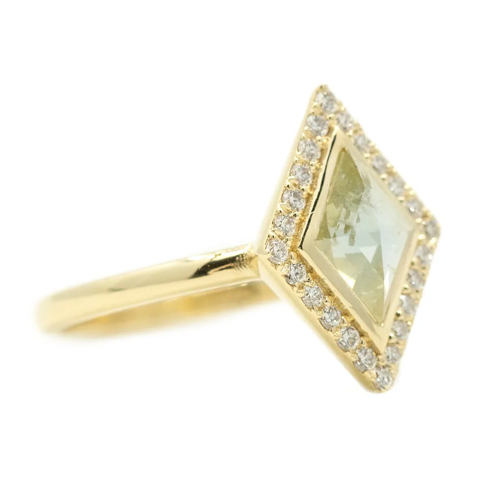 0.57ct Kite Shaped Rosecut Low Profile Halo Ring in 14k Yellow