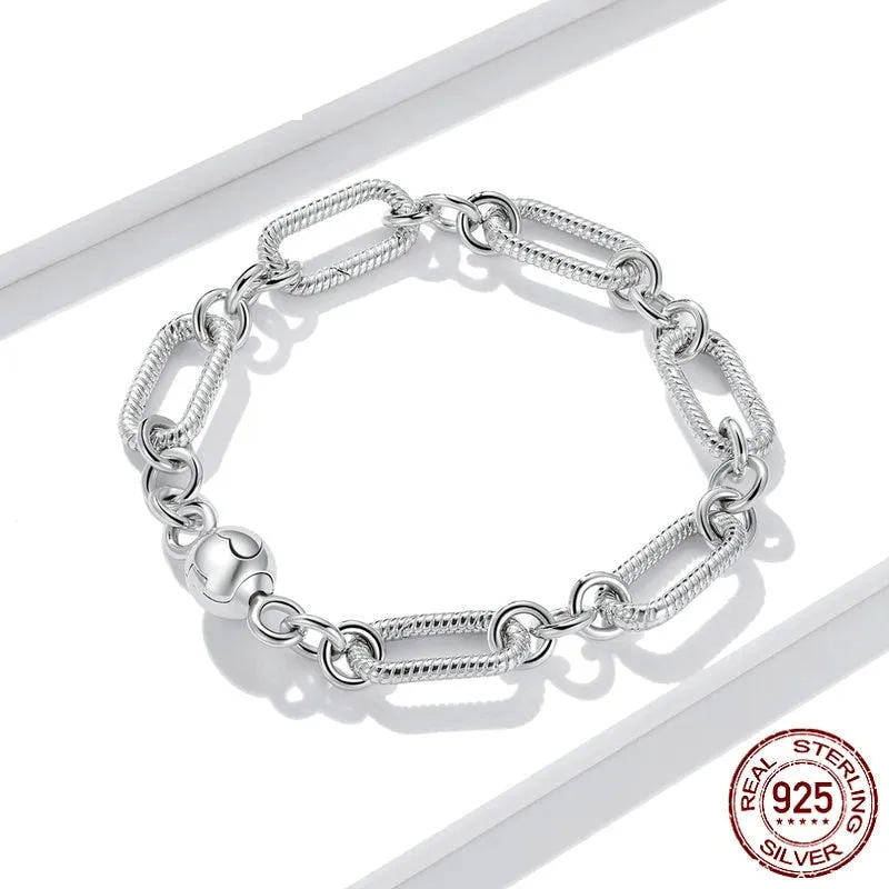 100% 925 Sterling Silver Paper Clip Love Chain Bracelet for Women