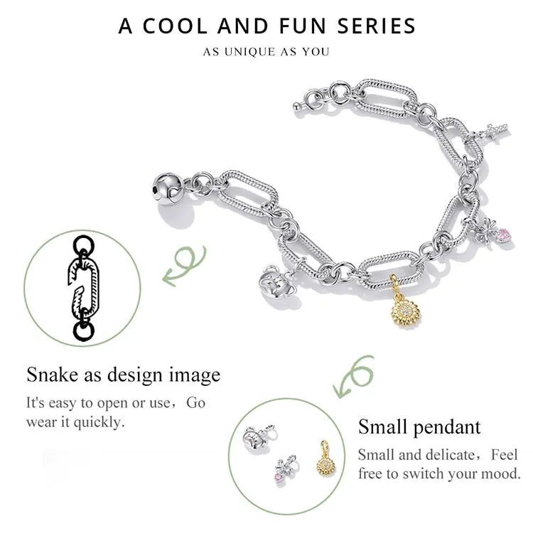 100% 925 Sterling Silver Paper Clip Love Chain Bracelet for Women