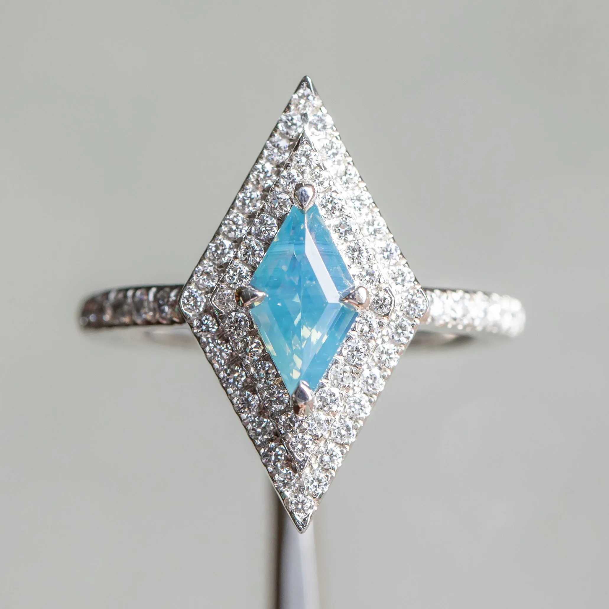 1.12ct Kite Shaped Opalescent Teal Sapphire Double Diamond Halo Ring in Platinum