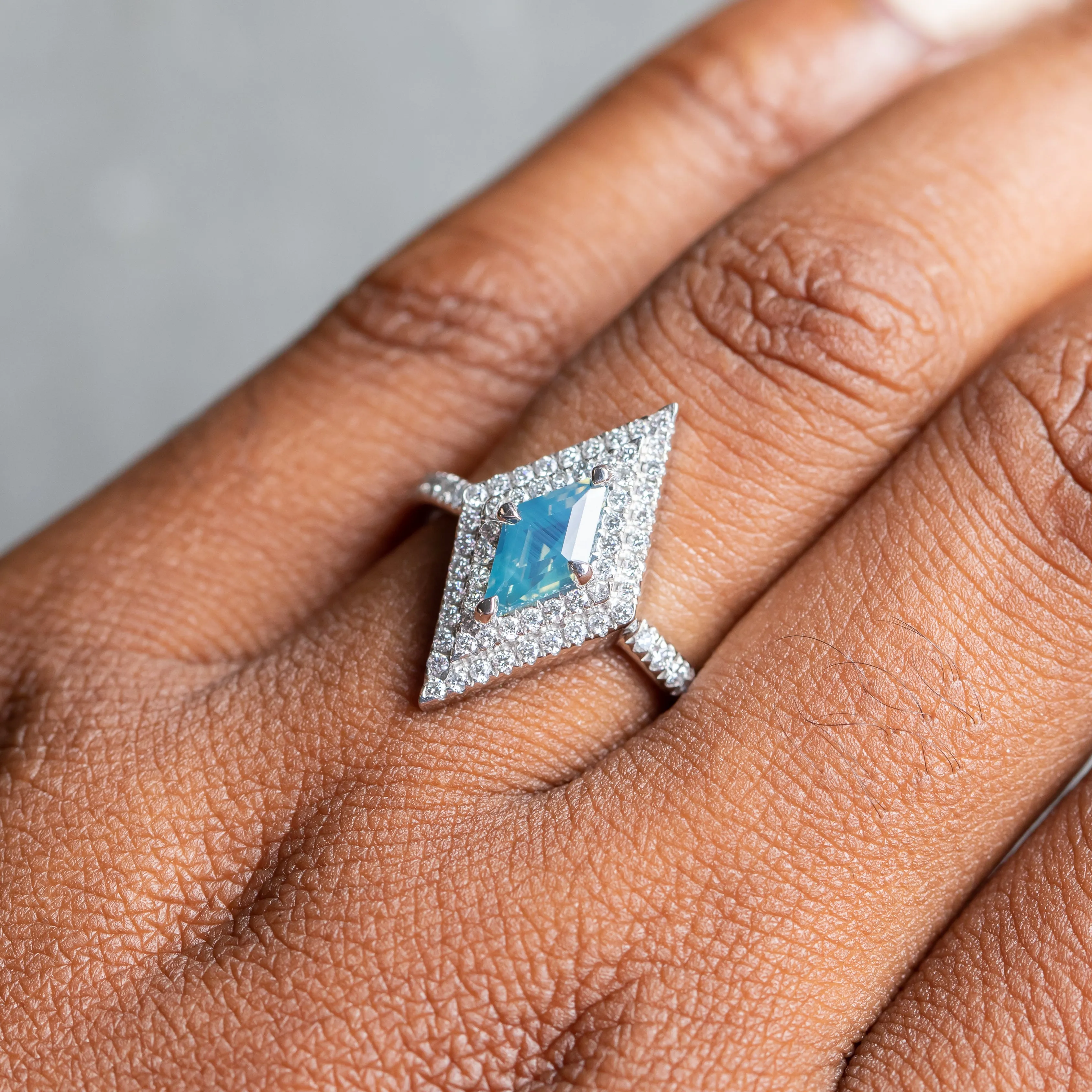 1.12ct Kite Shaped Opalescent Teal Sapphire Double Diamond Halo Ring in Platinum