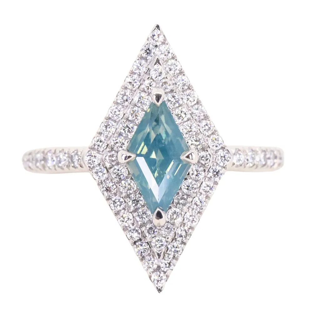 1.12ct Kite Shaped Opalescent Teal Sapphire Double Diamond Halo Ring in Platinum