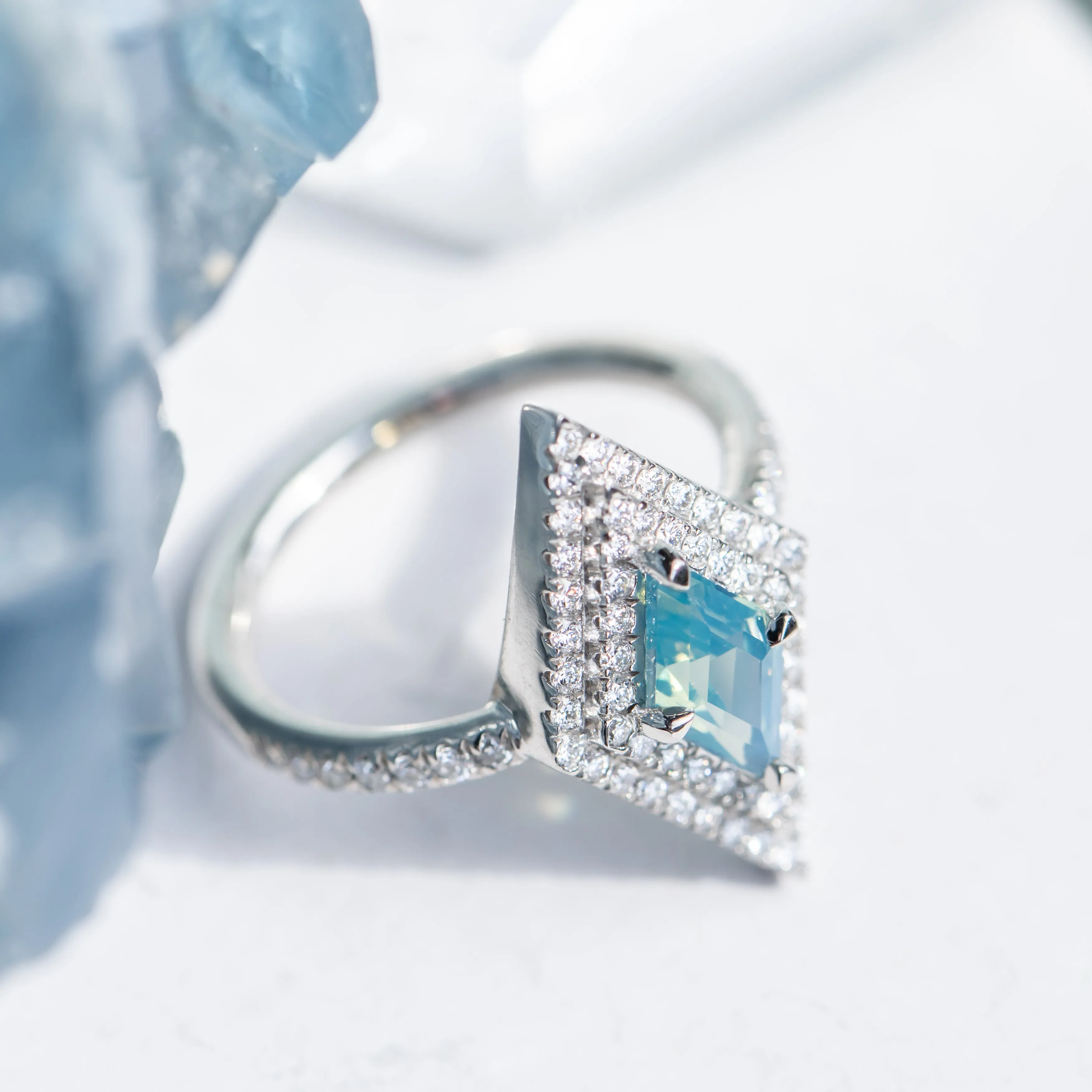 1.12ct Kite Shaped Opalescent Teal Sapphire Double Diamond Halo Ring in Platinum