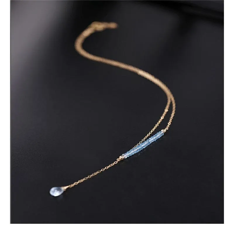 14K Gold Unique Water Drop Design Sky Blue Topaz Necklace