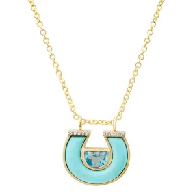 14K YG Blue Topaz, Turquoise and Diamond Horseshoe Necklace