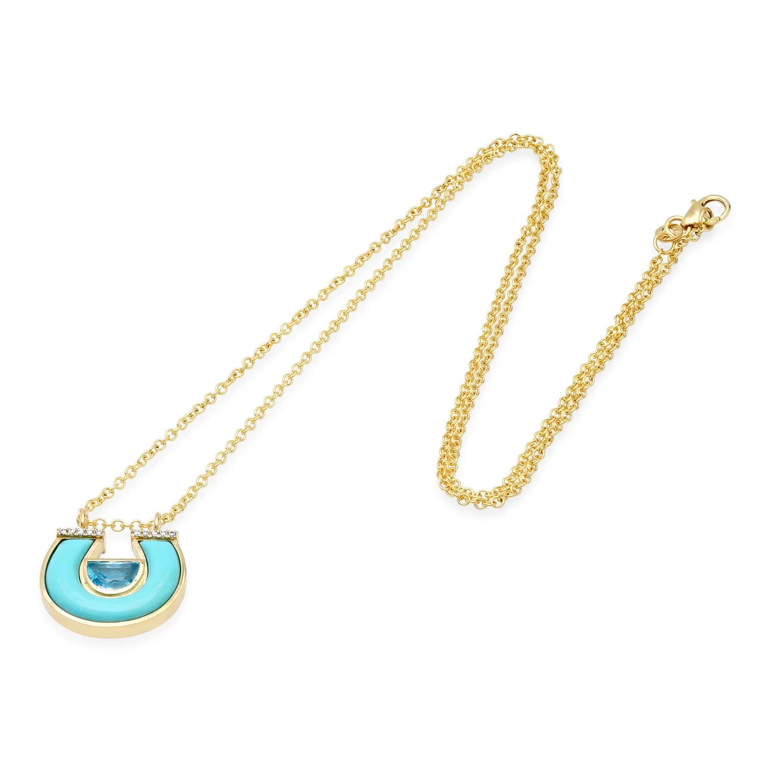 14K YG Blue Topaz, Turquoise and Diamond Horseshoe Necklace