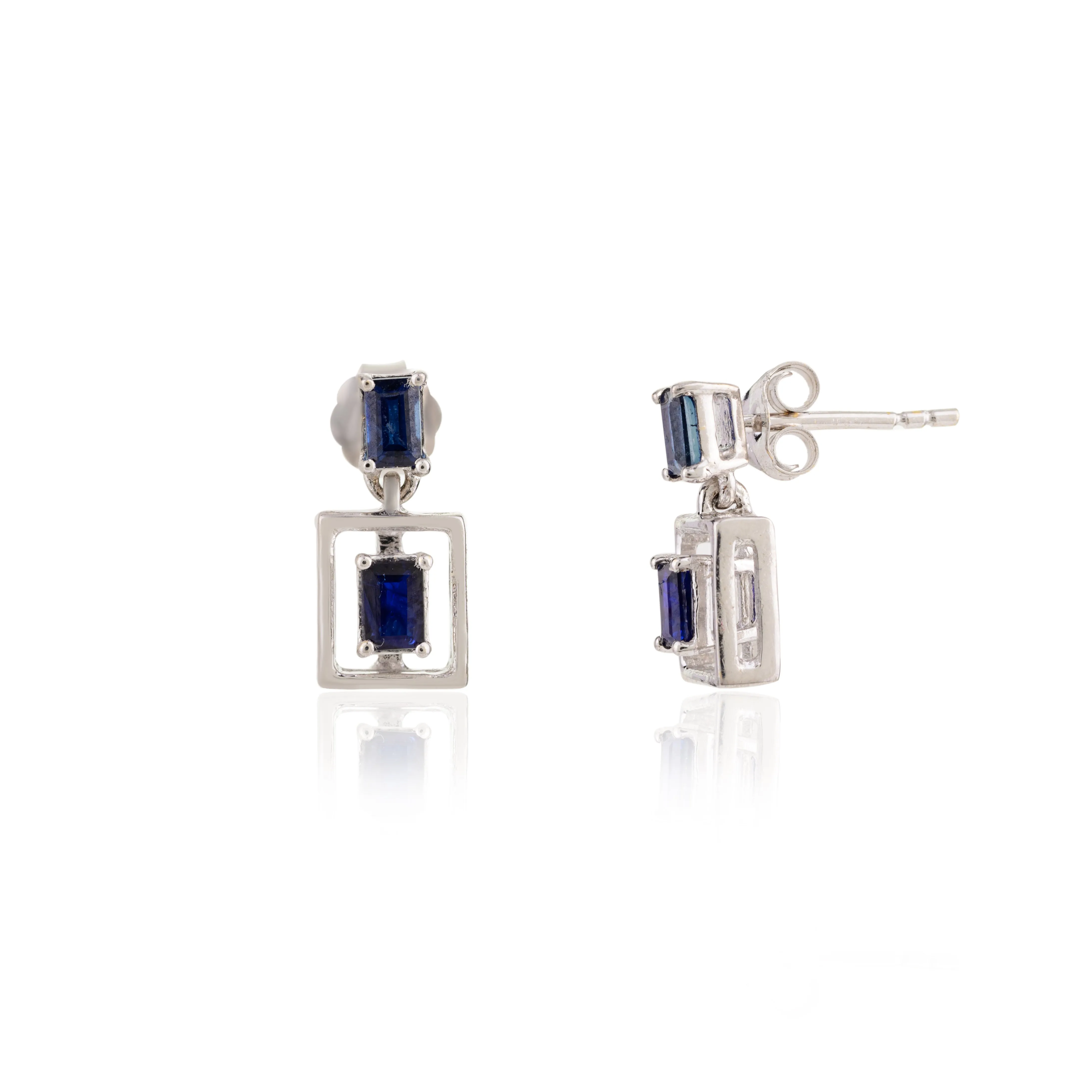 18K Gold Baguette Cut Blue Sapphire Dangle Earrings