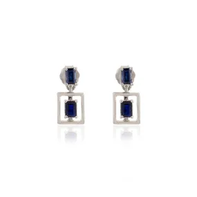 18K Gold Baguette Cut Blue Sapphire Dangle Earrings