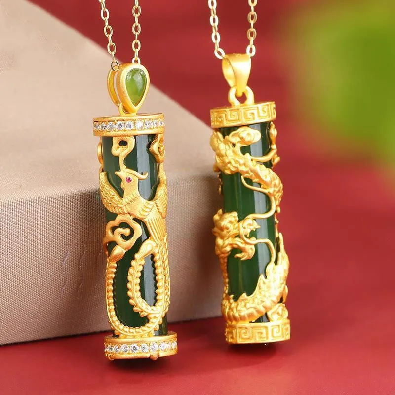 18K Gold-Plated Natural Jade Bar Pillar Dragon Pendant Necklace