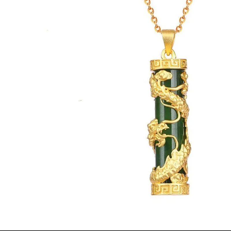 18K Gold-Plated Natural Jade Bar Pillar Dragon Pendant Necklace