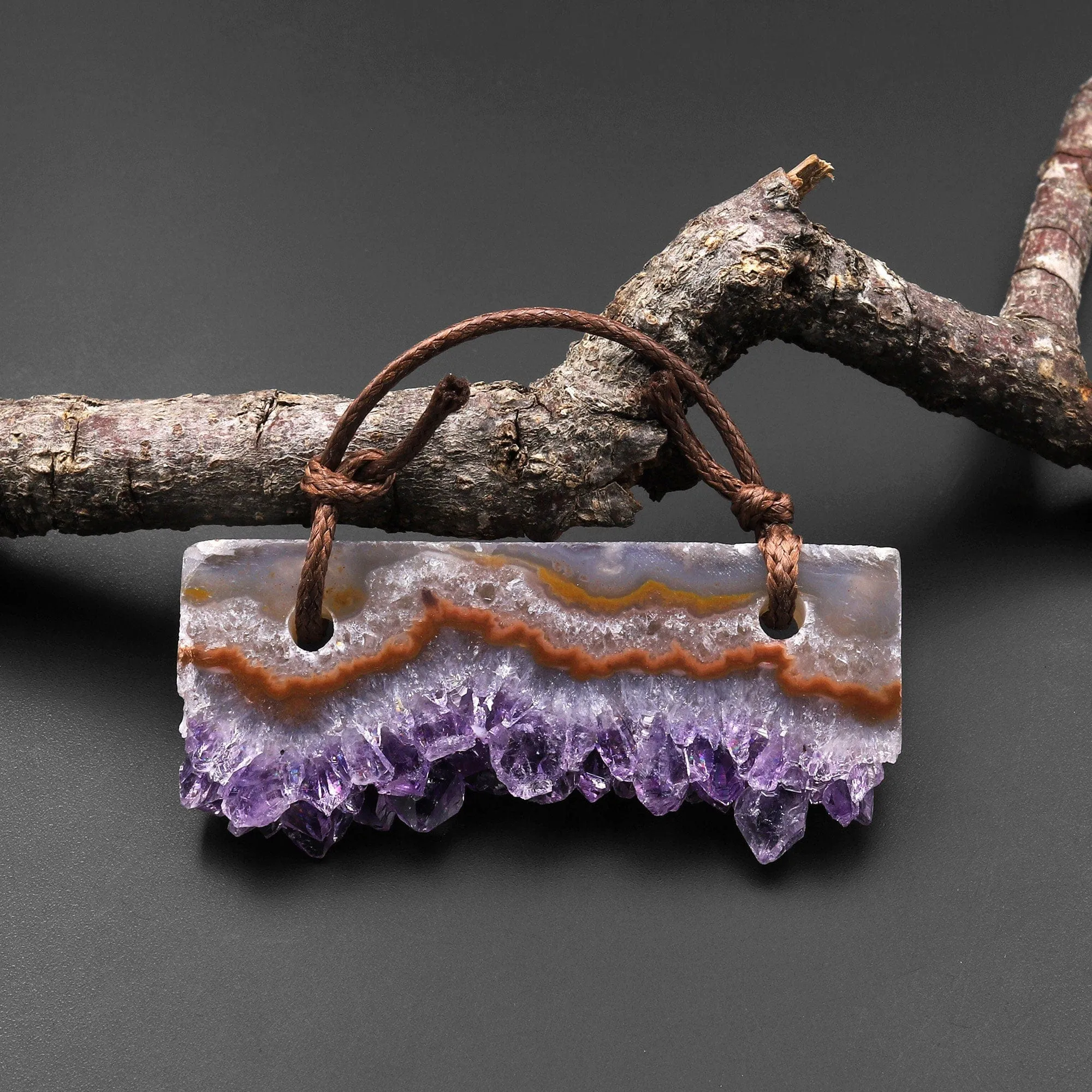 2 Hole Pendant Natural Bright Orange Purple Amethyst Crystal Stalactite Druzy Pendant Drilled Flat Long Rectangle