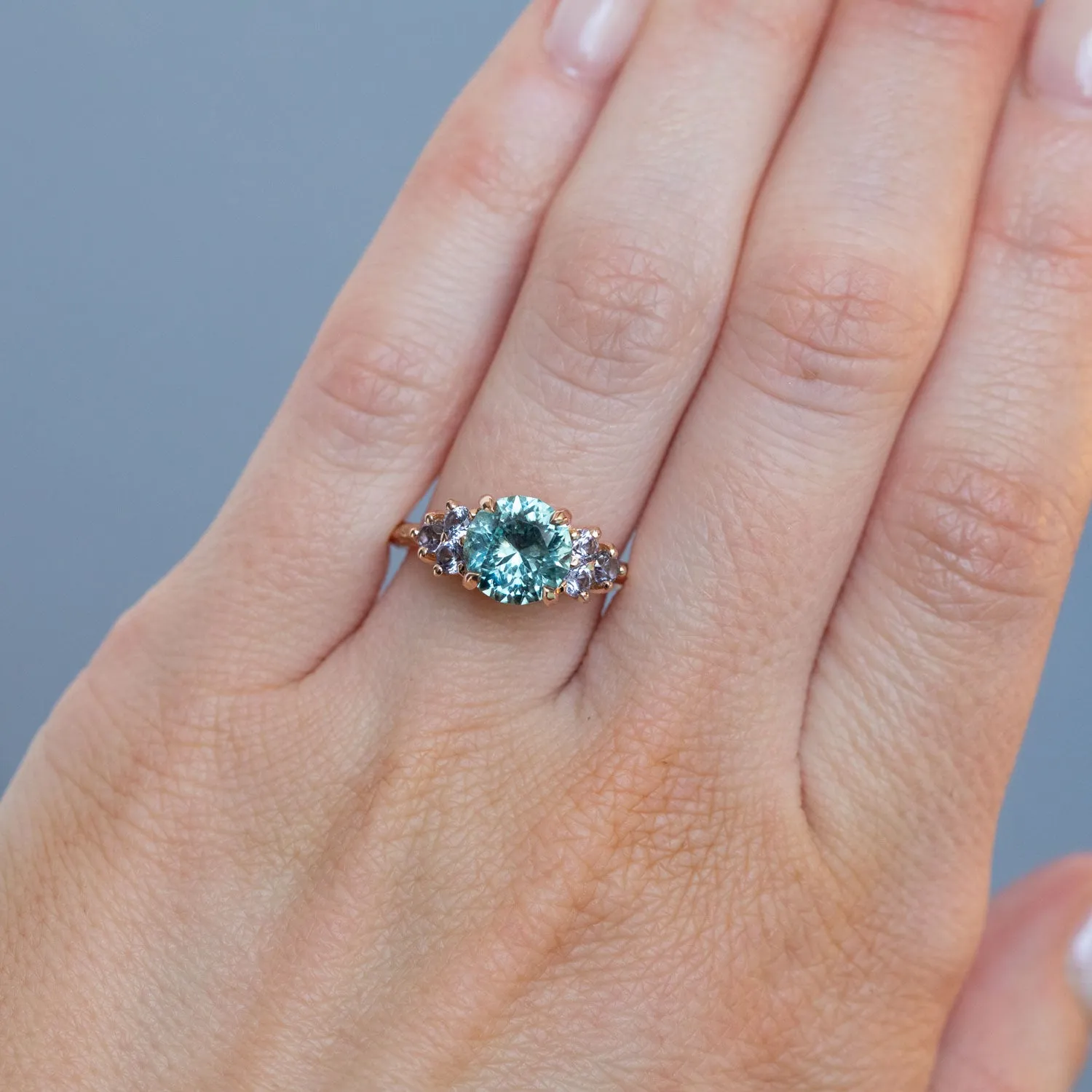 2.89ct Teal Montana Sapphire and Purple Grey Spinel Cluster Evergreen Ring in 14k Rose Gold