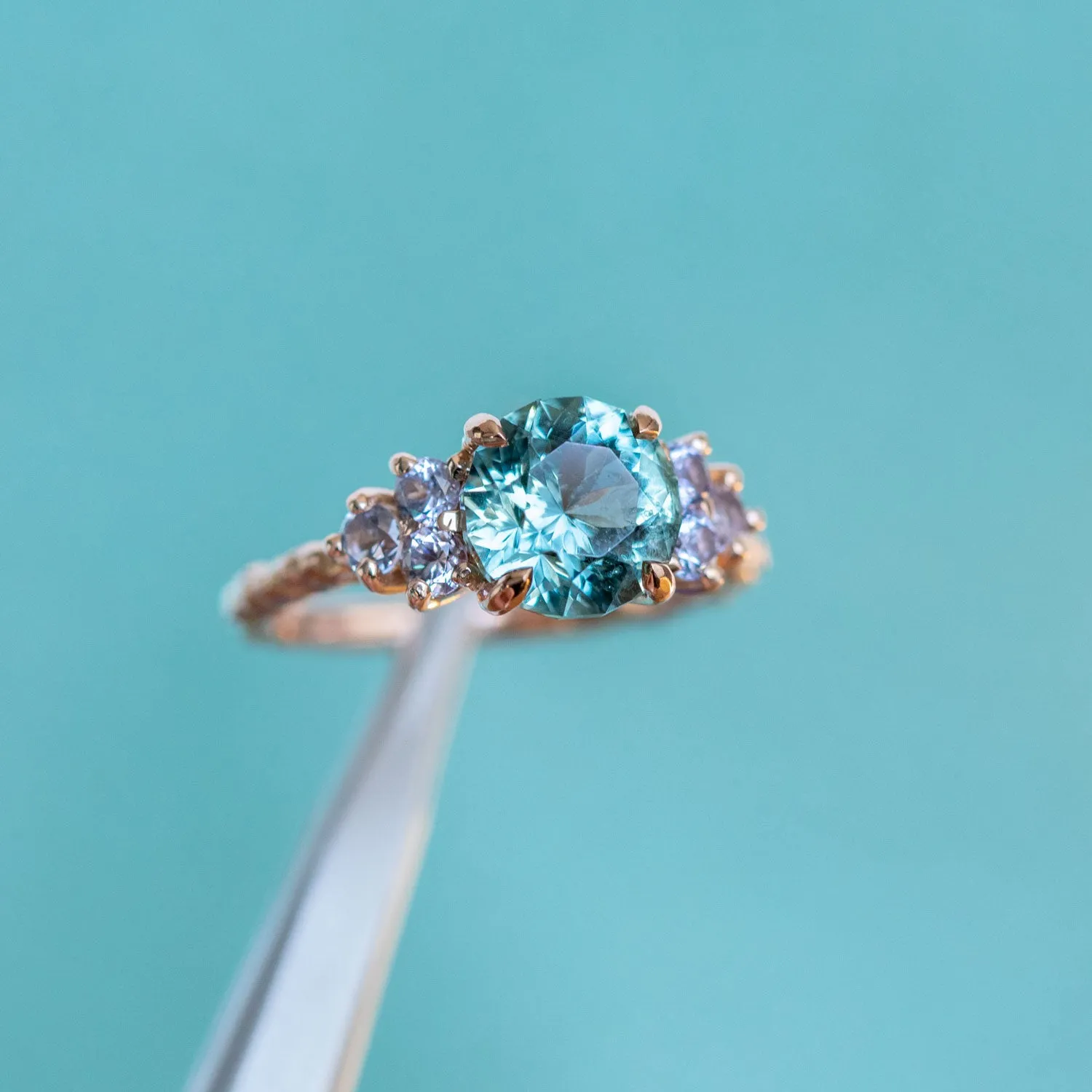 2.89ct Teal Montana Sapphire and Purple Grey Spinel Cluster Evergreen Ring in 14k Rose Gold