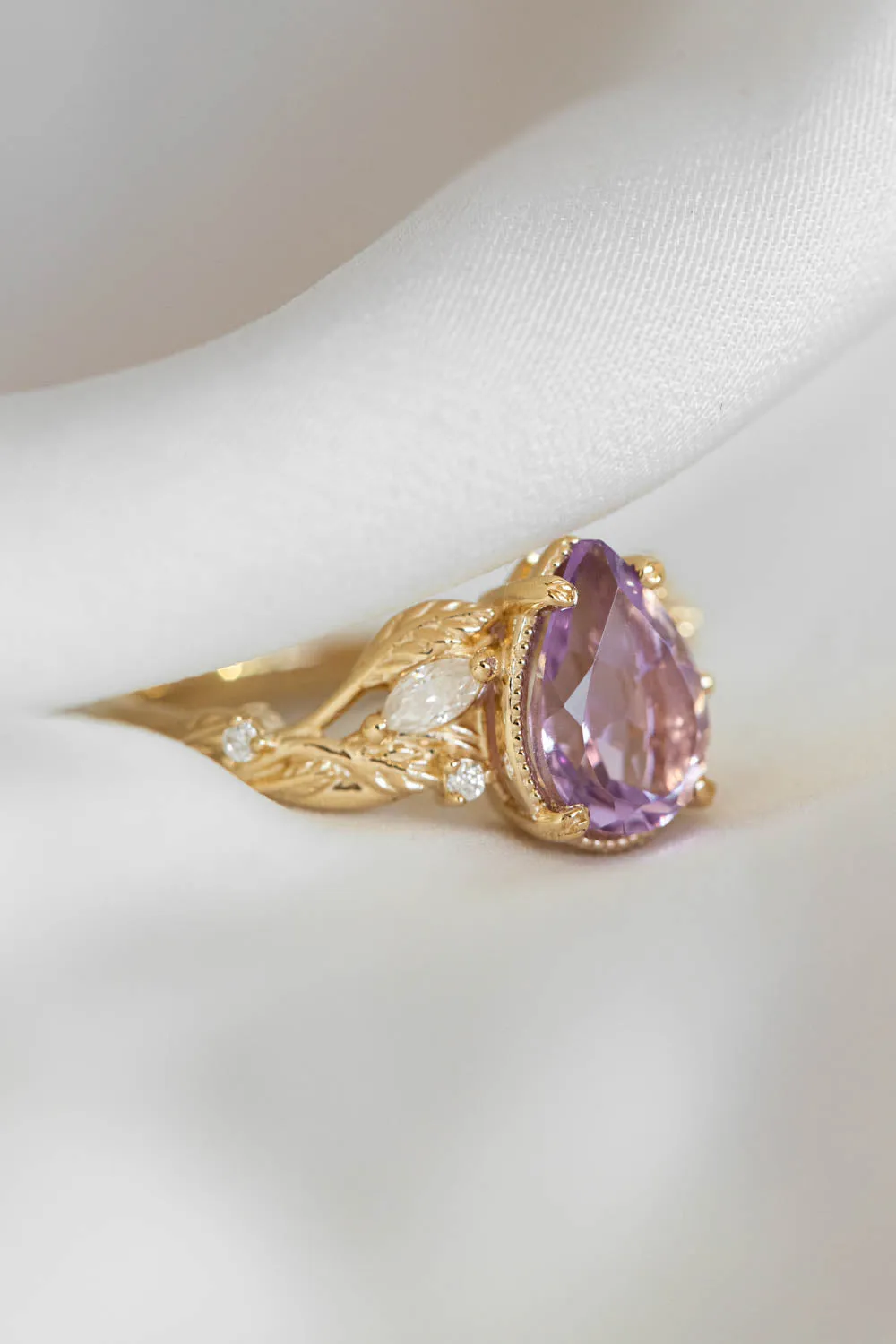 3 instalments payment plan: Lavender amethyst nature themed engagement ring, big pear cut gemstone gold ring with diamonds / Patricia