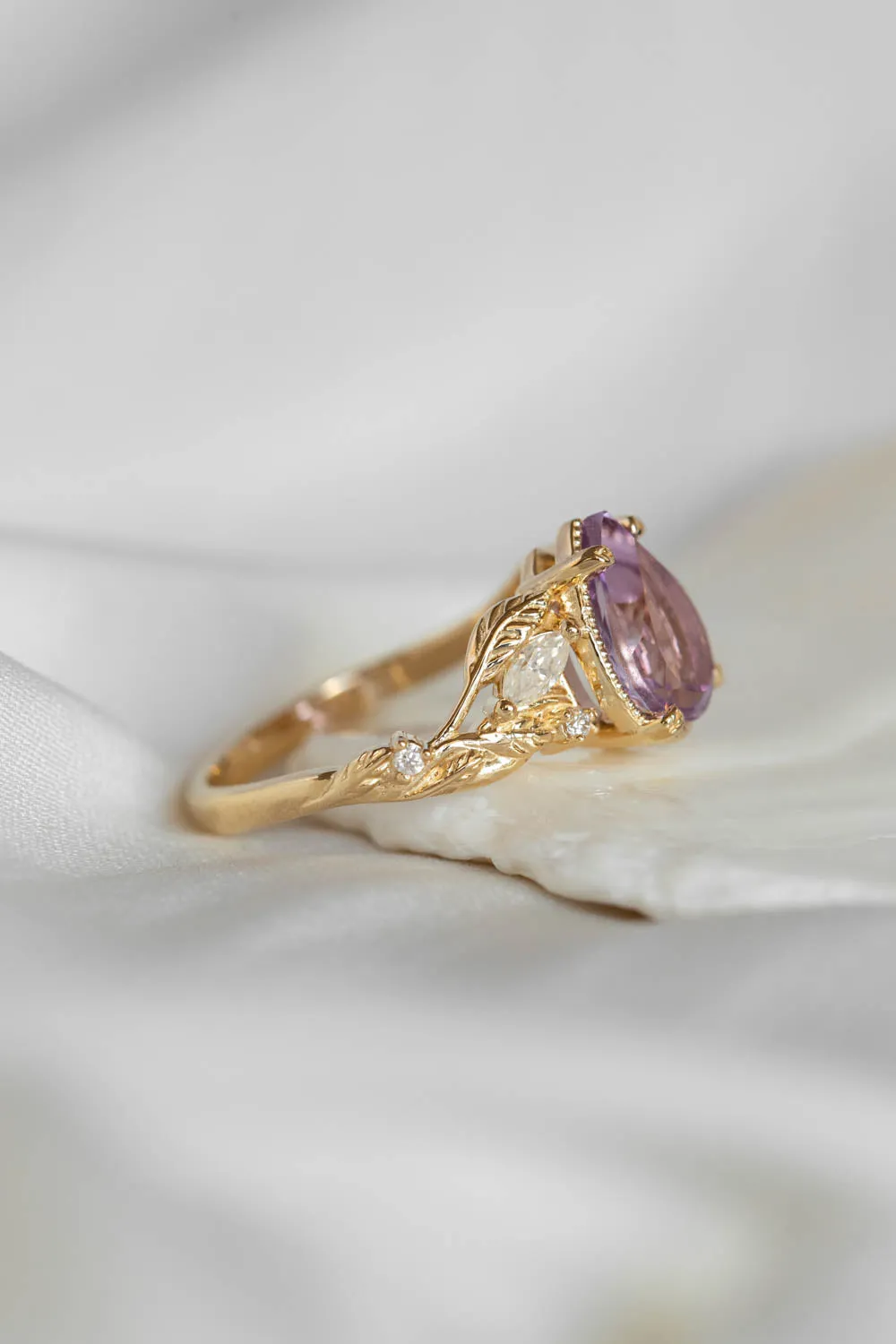 3 instalments payment plan: Lavender amethyst nature themed engagement ring, big pear cut gemstone gold ring with diamonds / Patricia