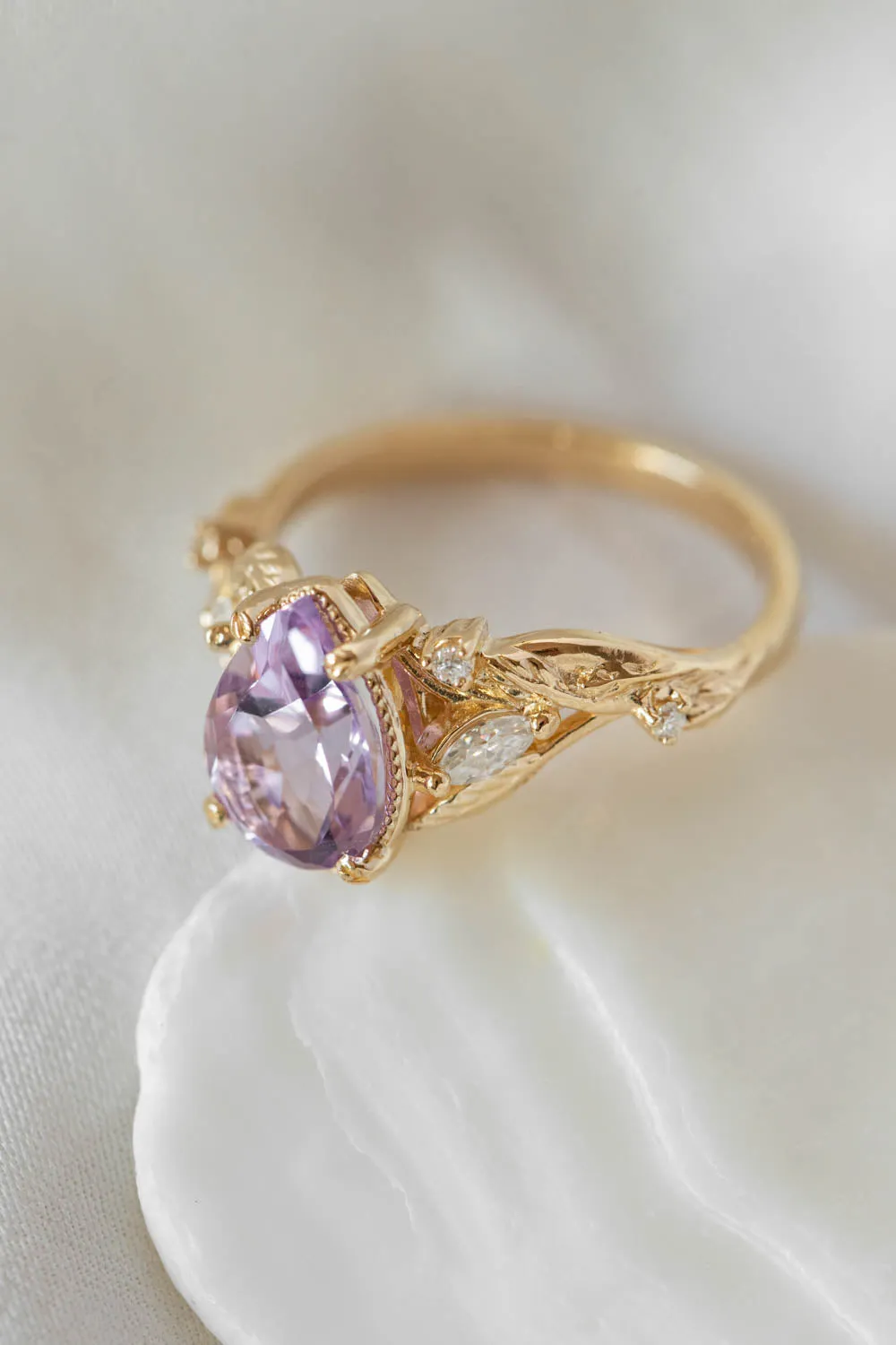 3 instalments payment plan: Lavender amethyst nature themed engagement ring, big pear cut gemstone gold ring with diamonds / Patricia