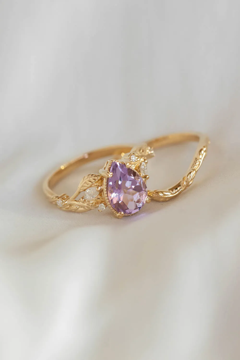 3 instalments payment plan: Lavender amethyst nature themed engagement ring, big pear cut gemstone gold ring with diamonds / Patricia