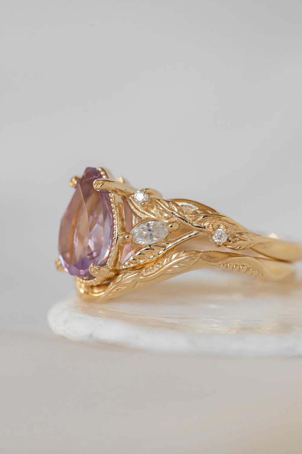 3 instalments payment plan: Lavender amethyst nature themed engagement ring, big pear cut gemstone gold ring with diamonds / Patricia