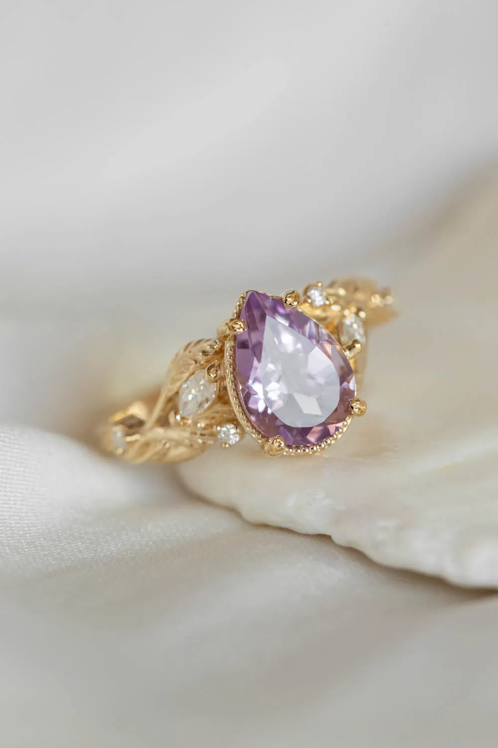 3 instalments payment plan: Lavender amethyst nature themed engagement ring, big pear cut gemstone gold ring with diamonds / Patricia