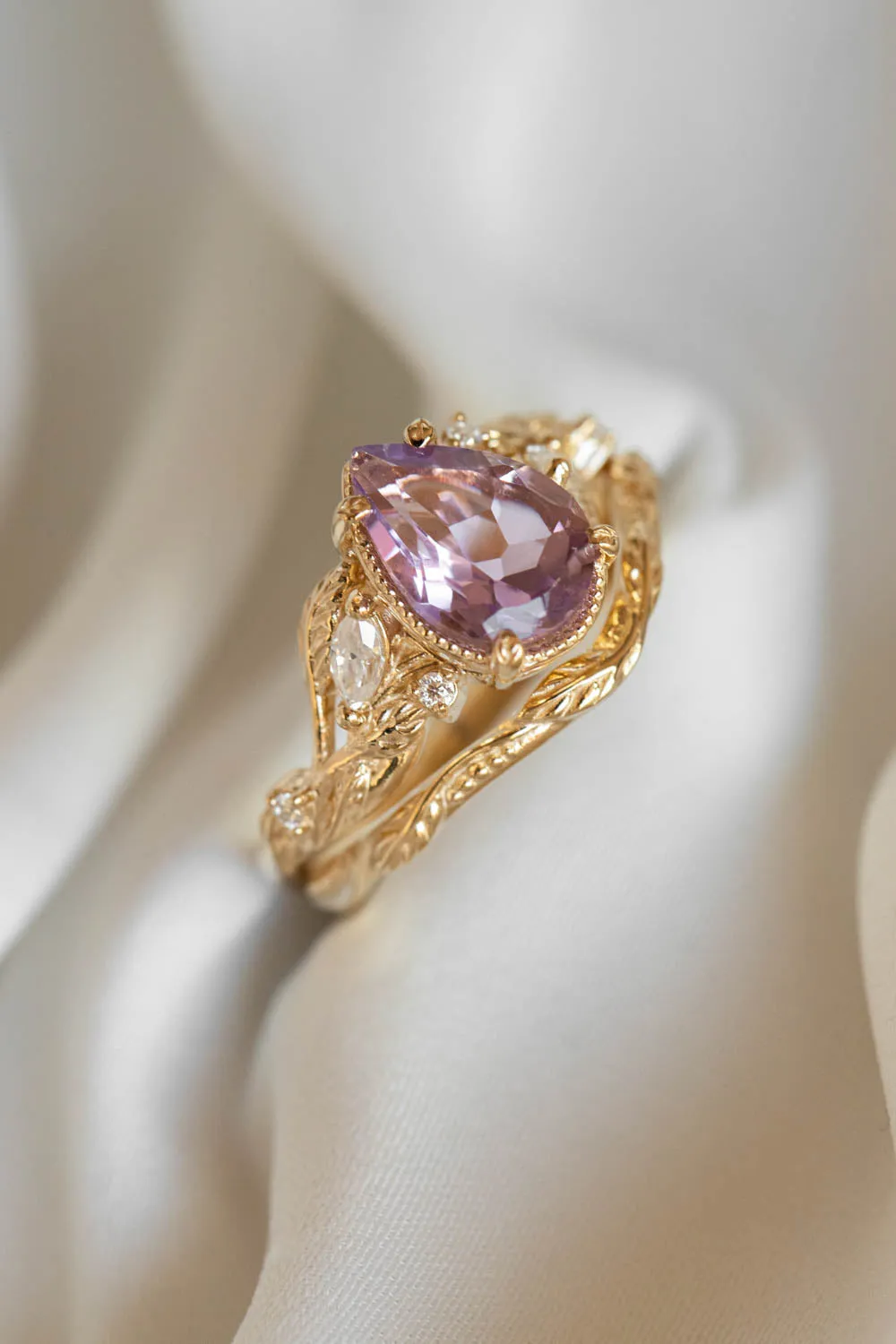 3 instalments payment plan: Lavender amethyst nature themed engagement ring, big pear cut gemstone gold ring with diamonds / Patricia