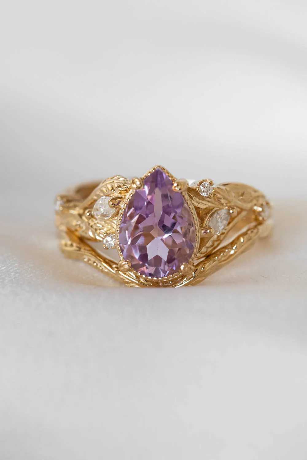 3 instalments payment plan: Lavender amethyst nature themed engagement ring, big pear cut gemstone gold ring with diamonds / Patricia