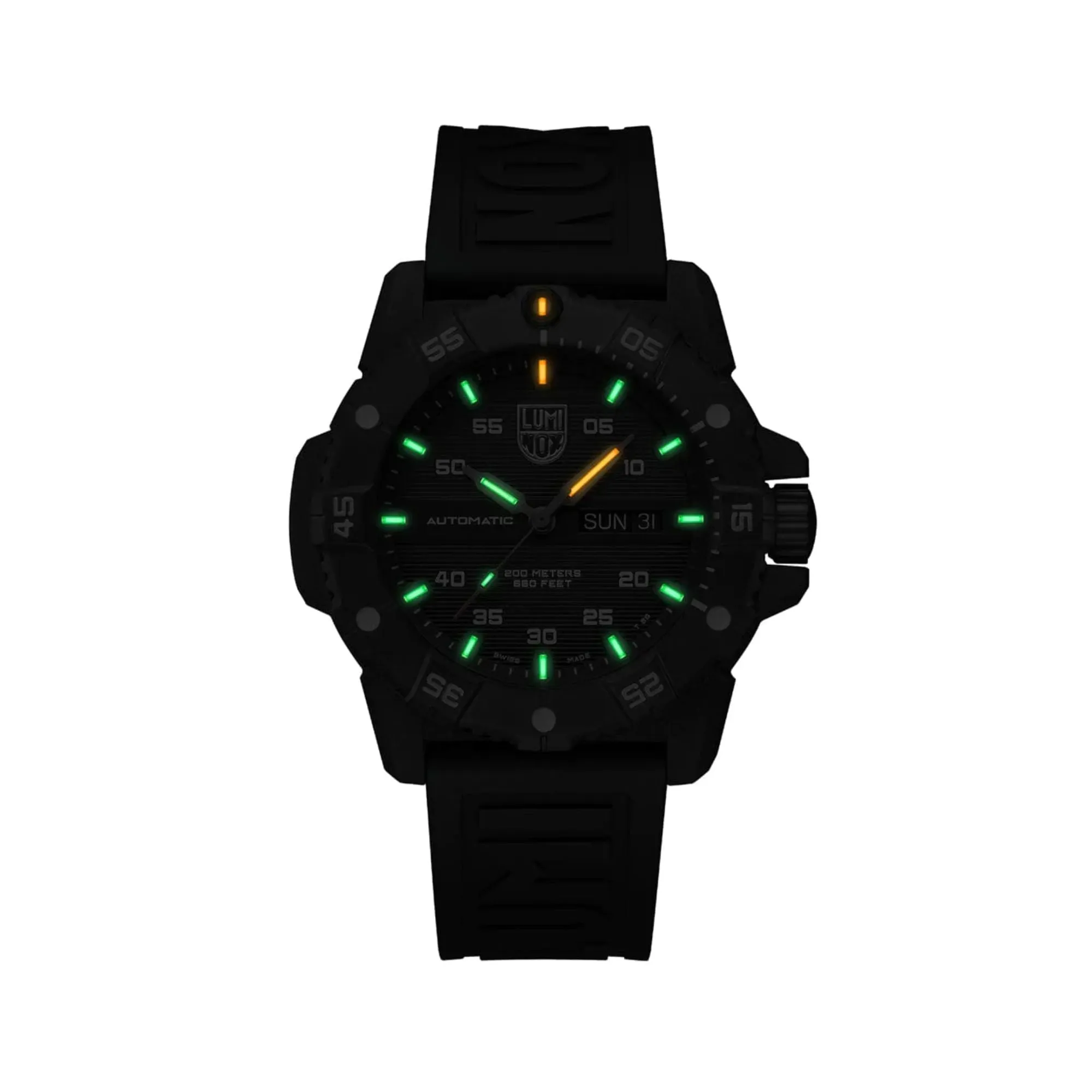 45MM LUMINOX MASTER CARBON SEAL AUTOMATIC WATCH WITH BLACK DAY-DATE DIAL AND GREEN RUBBER STRAP