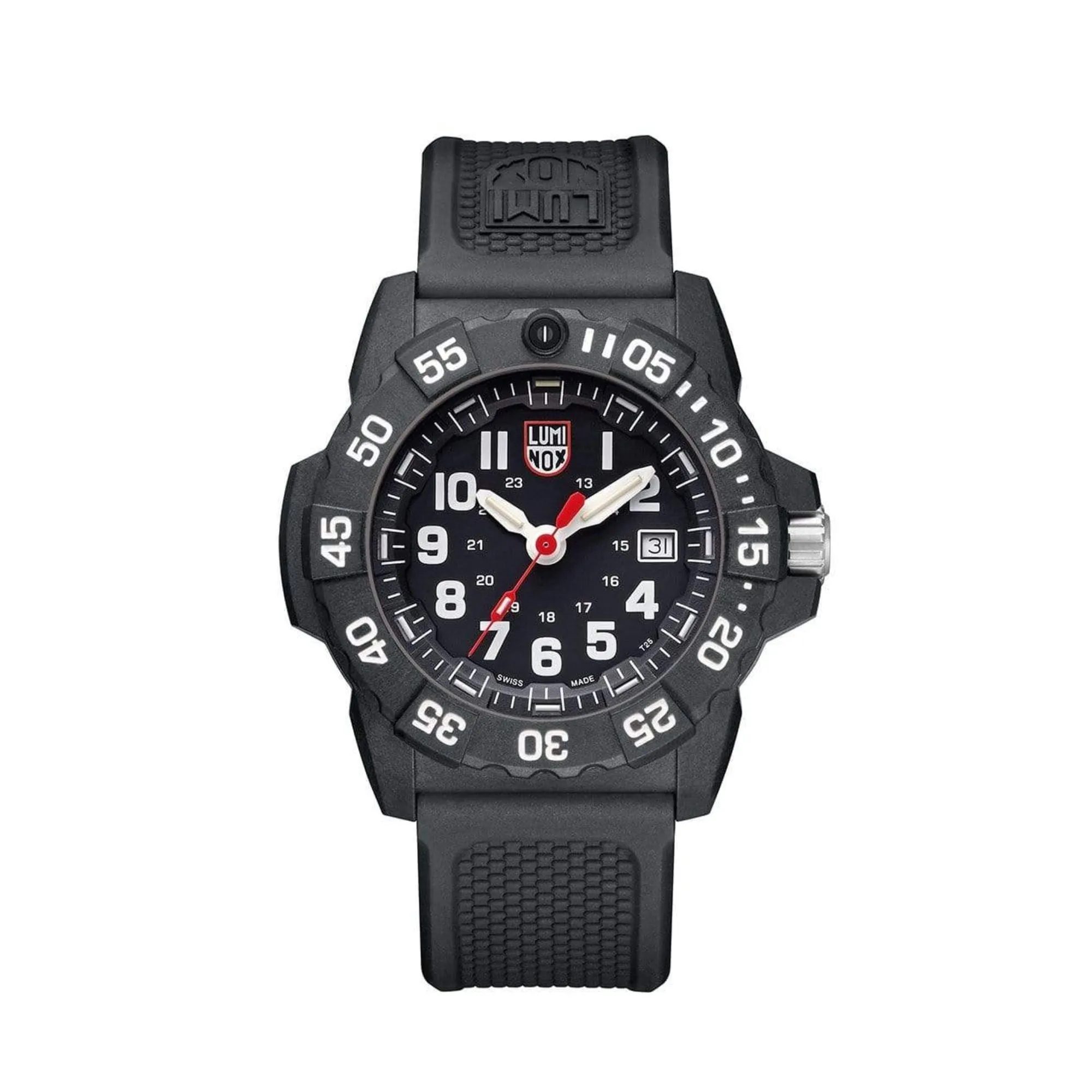 45MM LUMINOX NAVY SEAL QUARTZ WATCHWITH BLACK AND WHITE DATE DIAL AND RUBBER STRAP