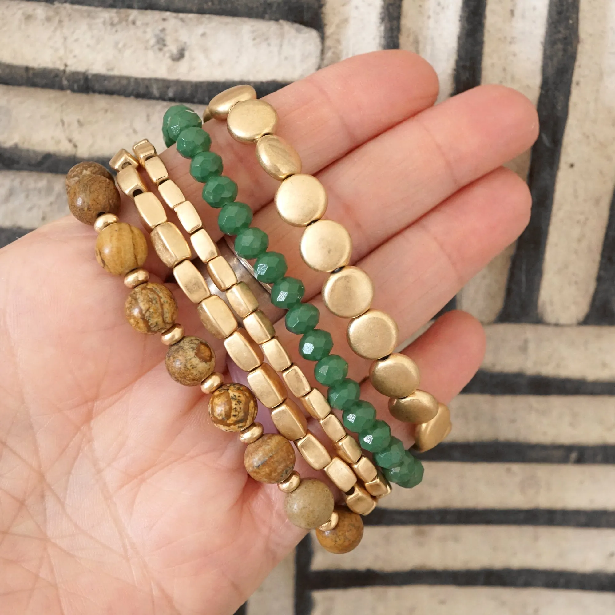 5 piece Boho Bracelet Stack Green Brown and worn gold tone