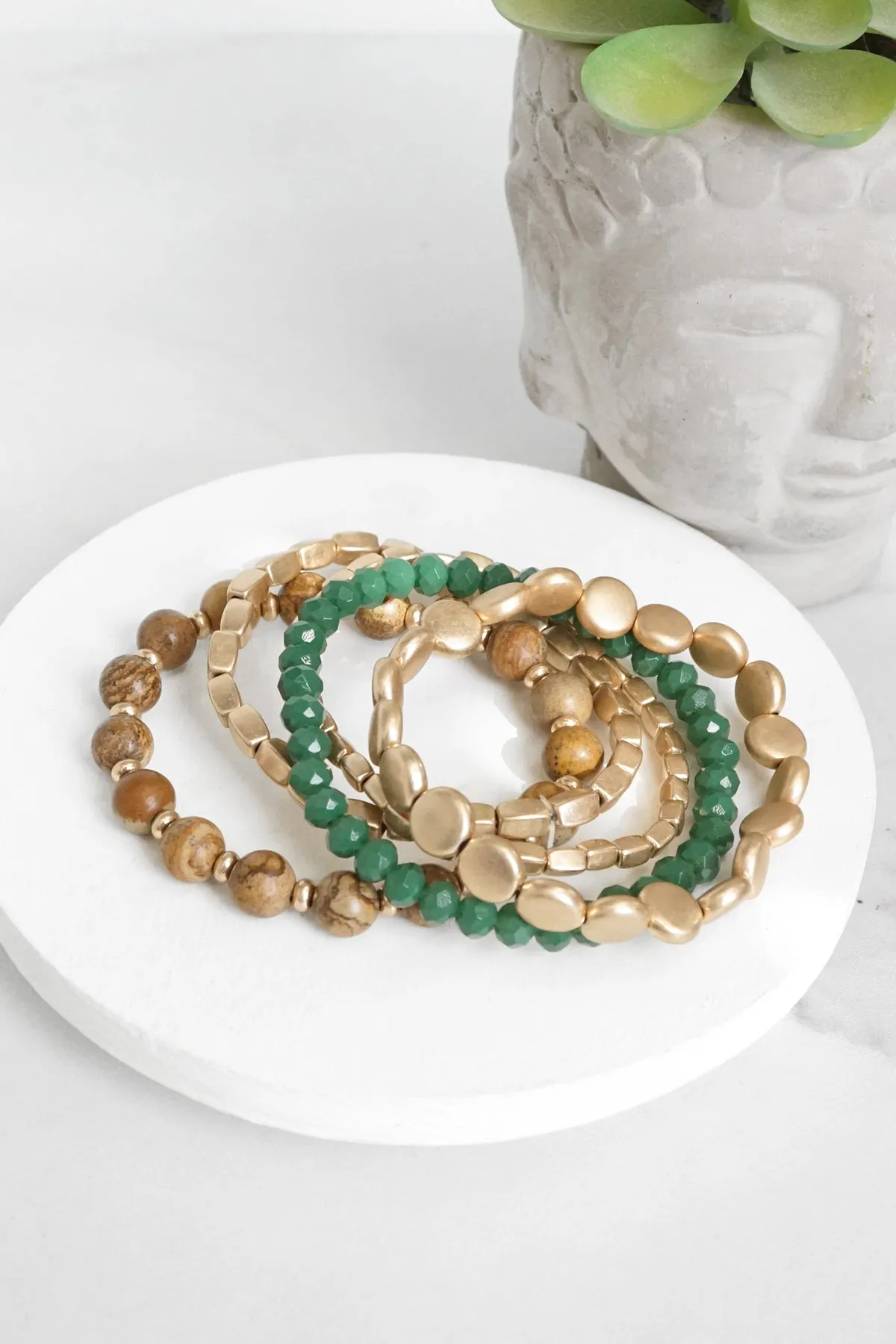 5 piece Boho Bracelet Stack Green Brown and worn gold tone