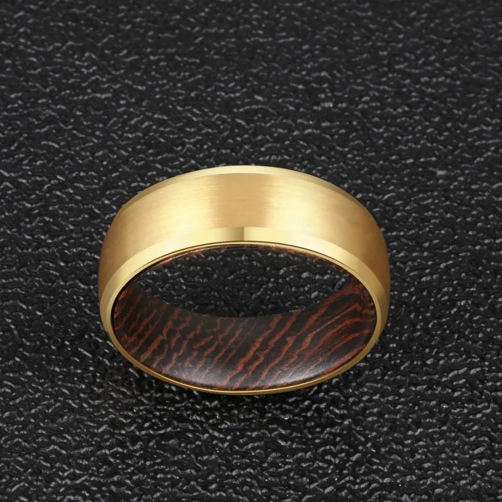 8mm Men Beveled Edges Tungsten Carbide with Wood Interior Comfort Fit Wedding Ring