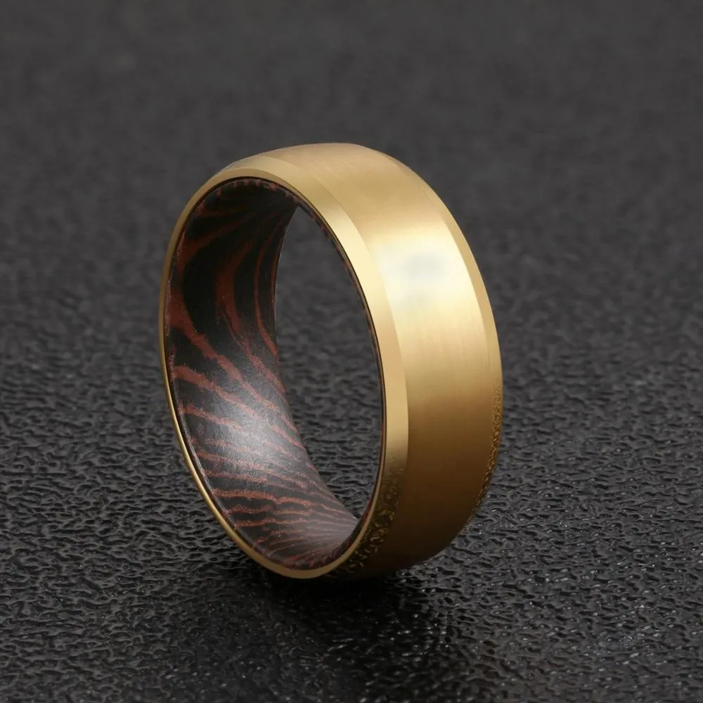 8mm Men Beveled Edges Tungsten Carbide with Wood Interior Comfort Fit Wedding Ring