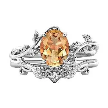 925 Silver 14K Solid Gold Gemstone Engagement Ring Set Leaf Oval Cut Vine Gemstone Bridal Wedding Ring