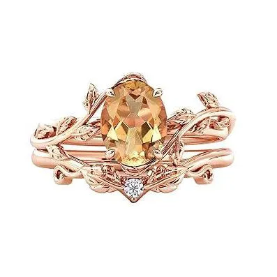 925 Silver 14K Solid Gold Gemstone Engagement Ring Set Leaf Oval Cut Vine Gemstone Bridal Wedding Ring