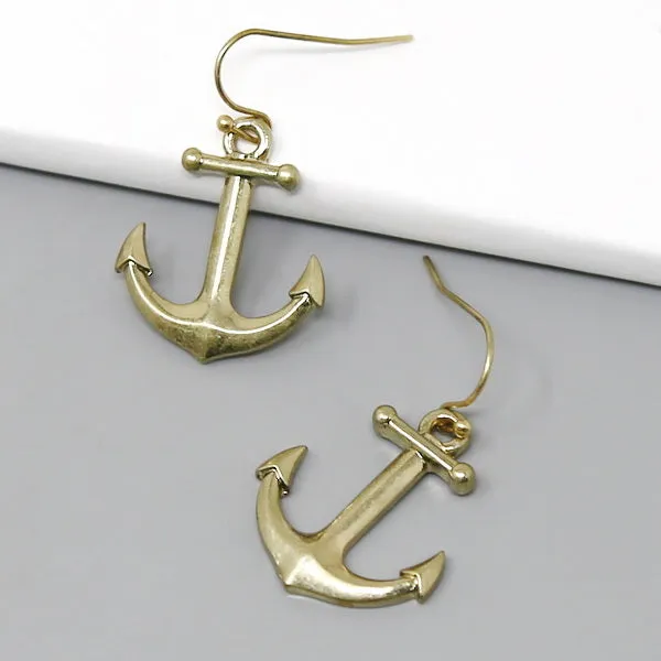 Anchor Worn Metal Finish Dangle Earrings