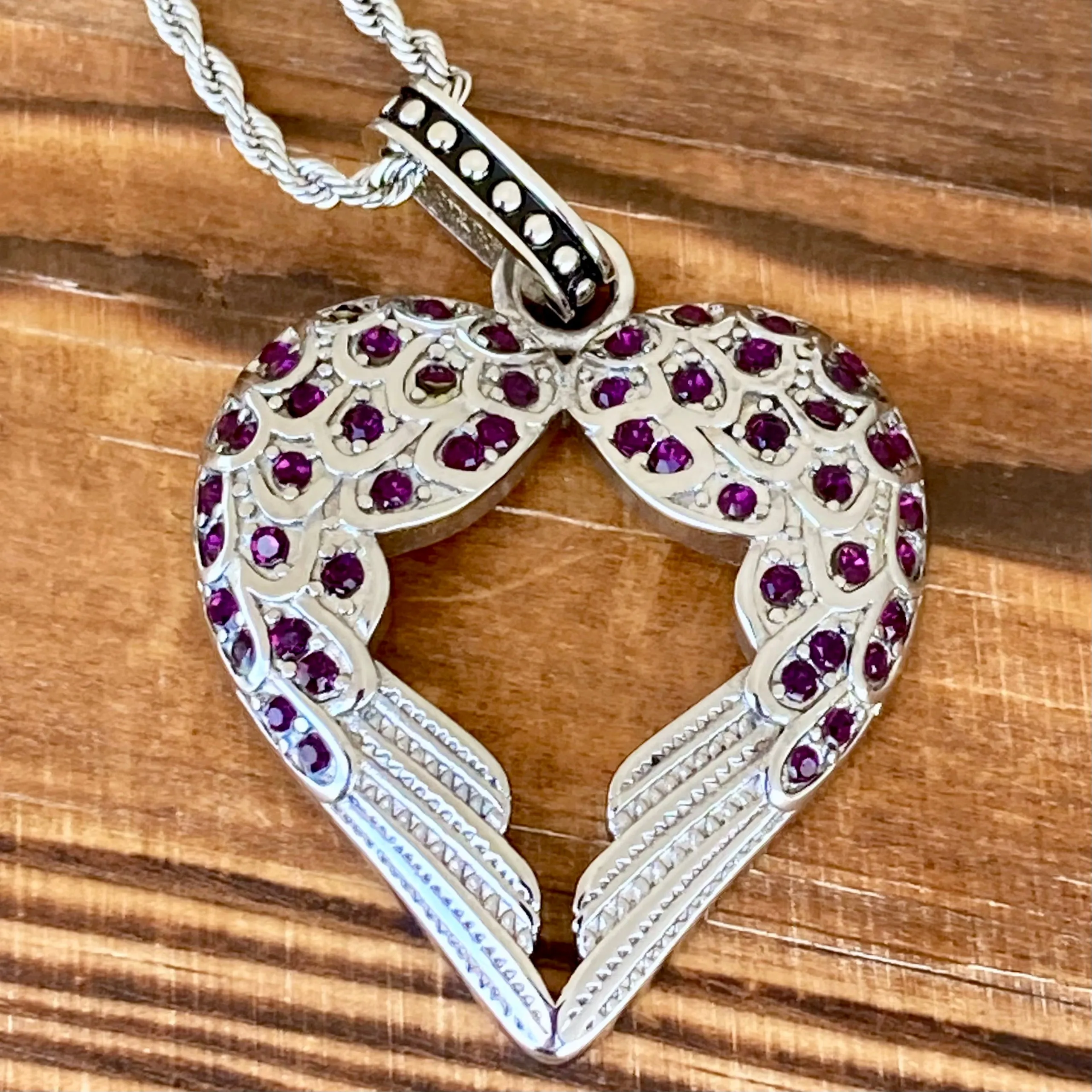 Angel Heart Wings Pendant - Bling Wings Purple Stone - Rope Necklace or Omega - LAP032