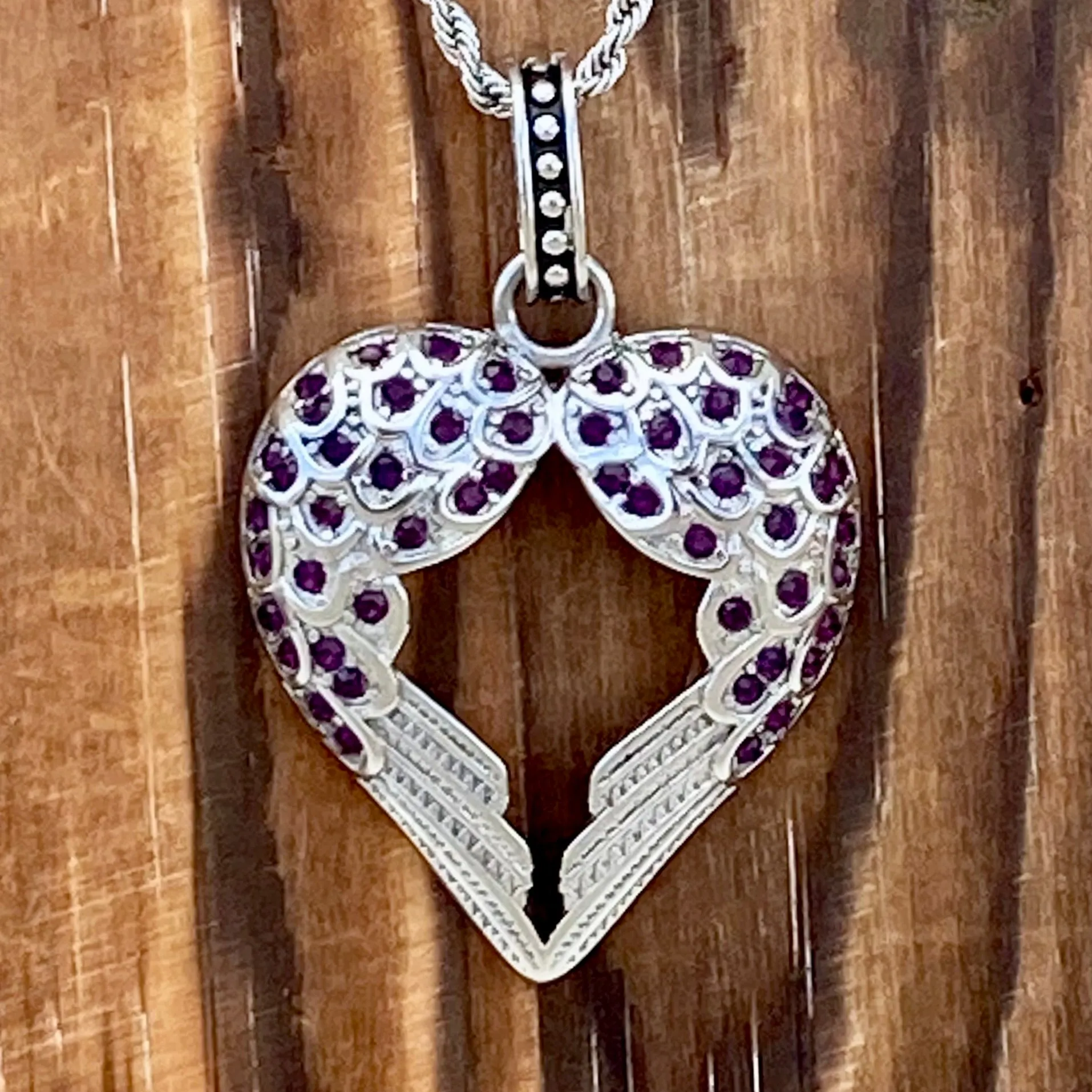 Angel Heart Wings Pendant - Bling Wings Purple Stone - Rope Necklace or Omega - LAP032