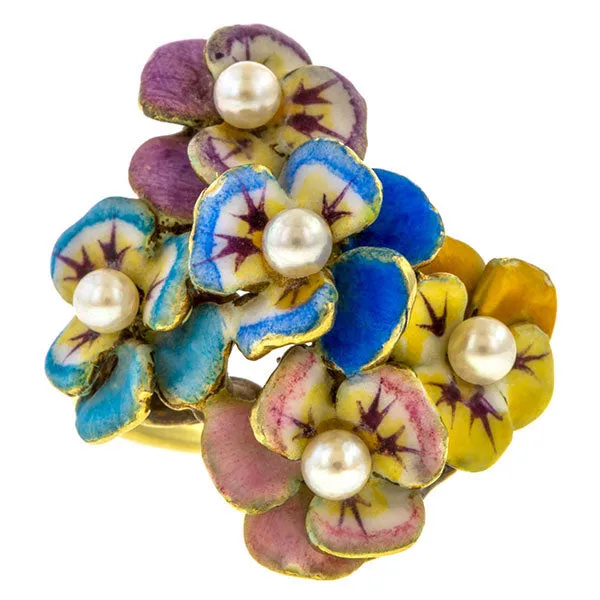 Antique Enamel & Pearl Flower Ring