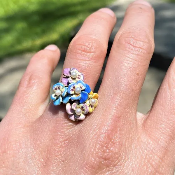 Antique Enamel & Pearl Flower Ring