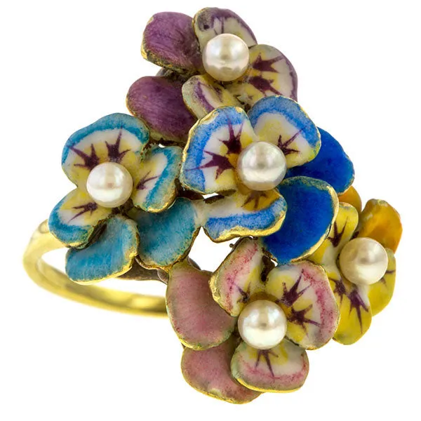 Antique Enamel & Pearl Flower Ring