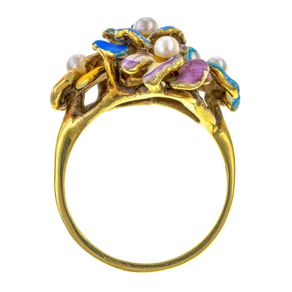 Antique Enamel & Pearl Flower Ring