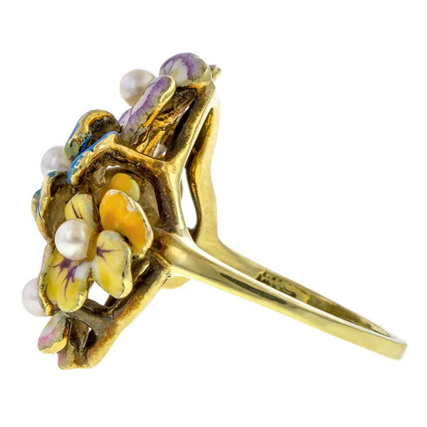 Antique Enamel & Pearl Flower Ring