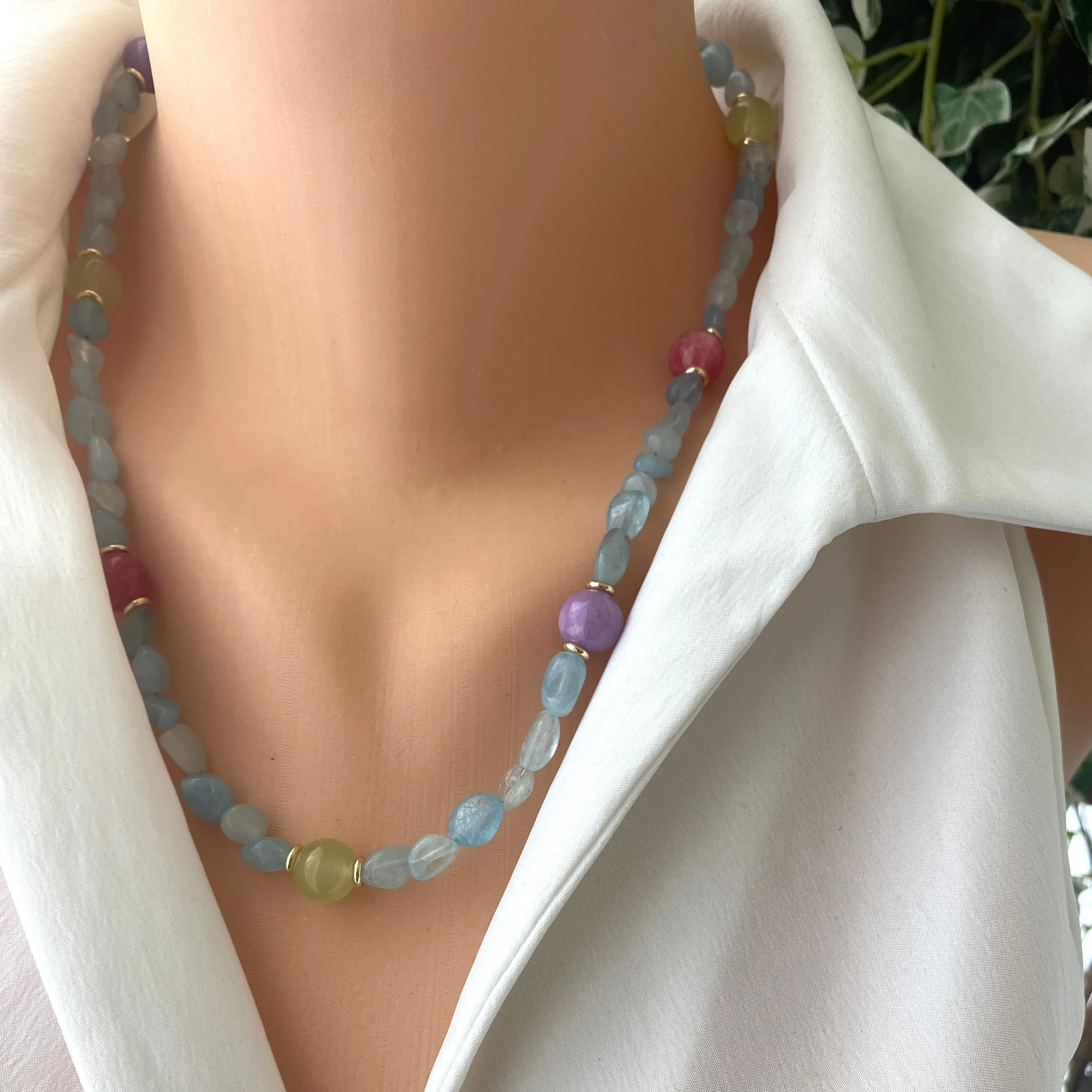 Aquamarine Bonbons Necklace w Red, Lilac & Green Jade Accent Beads, Gold Plated, 21inches