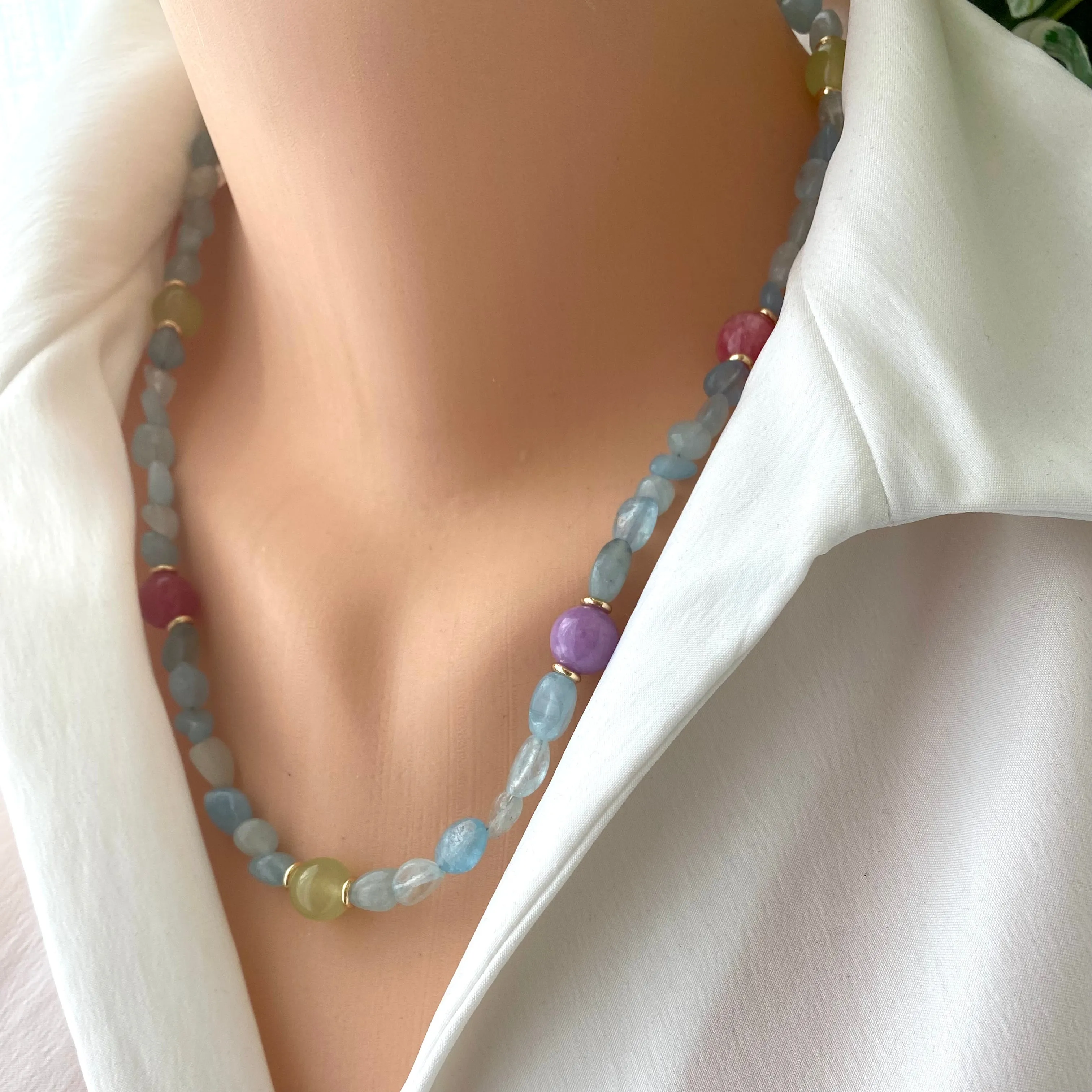 Aquamarine Bonbons Necklace w Red, Lilac & Green Jade Accent Beads, Gold Plated, 21inches