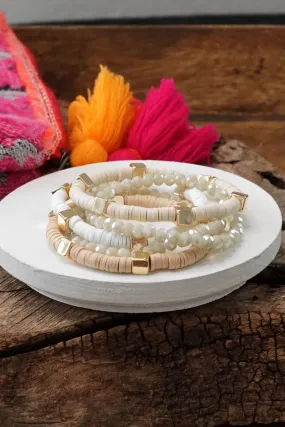 Beaded Bracelets stack of 5 in Neutral tones Clay and Glass Layering bracelets