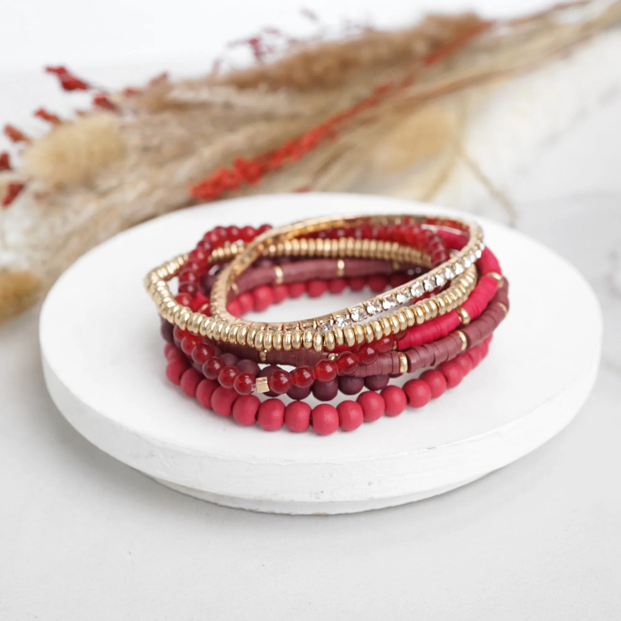 Beaded Bracelets stack of 7 in Reds