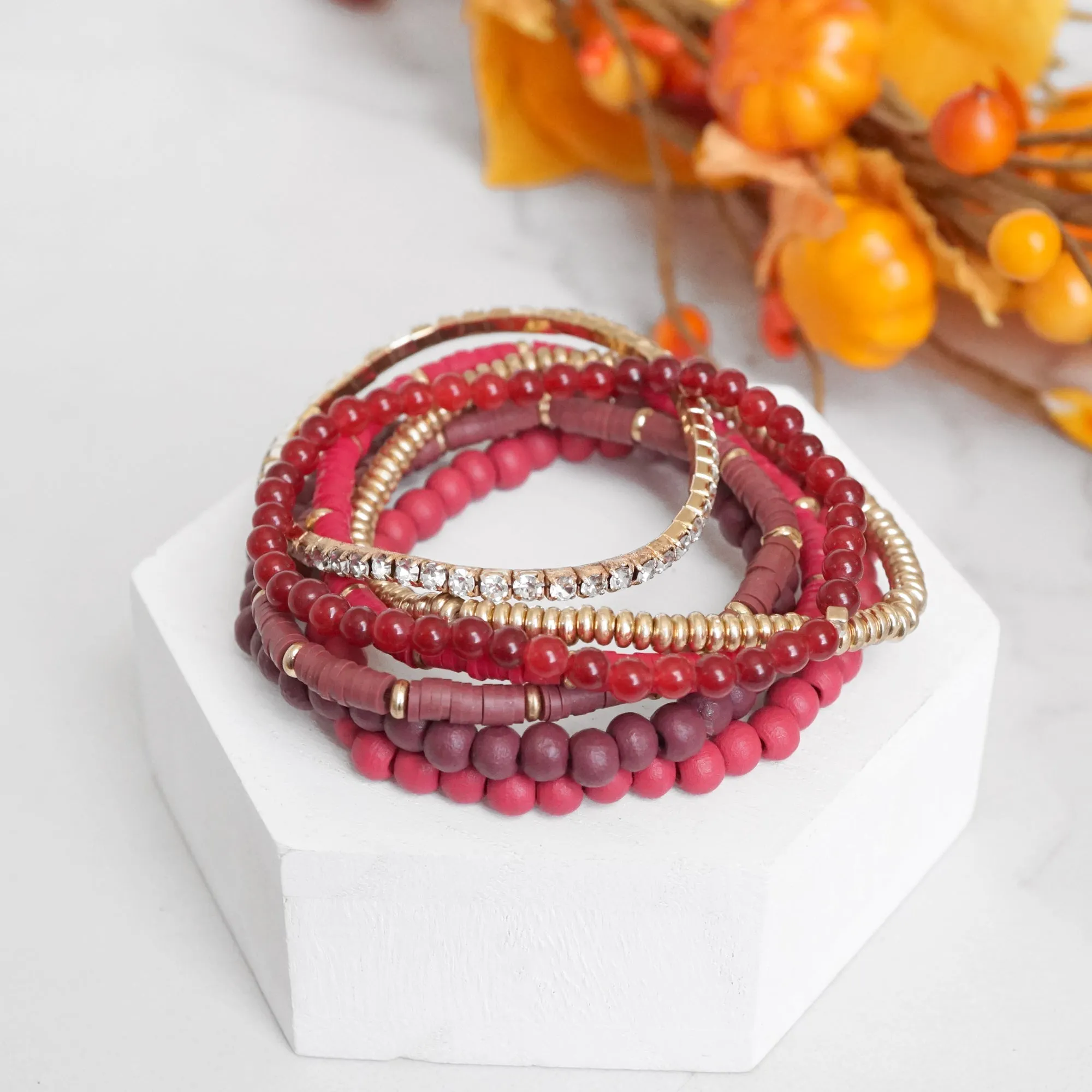 Beaded Bracelets stack of 7 in Reds