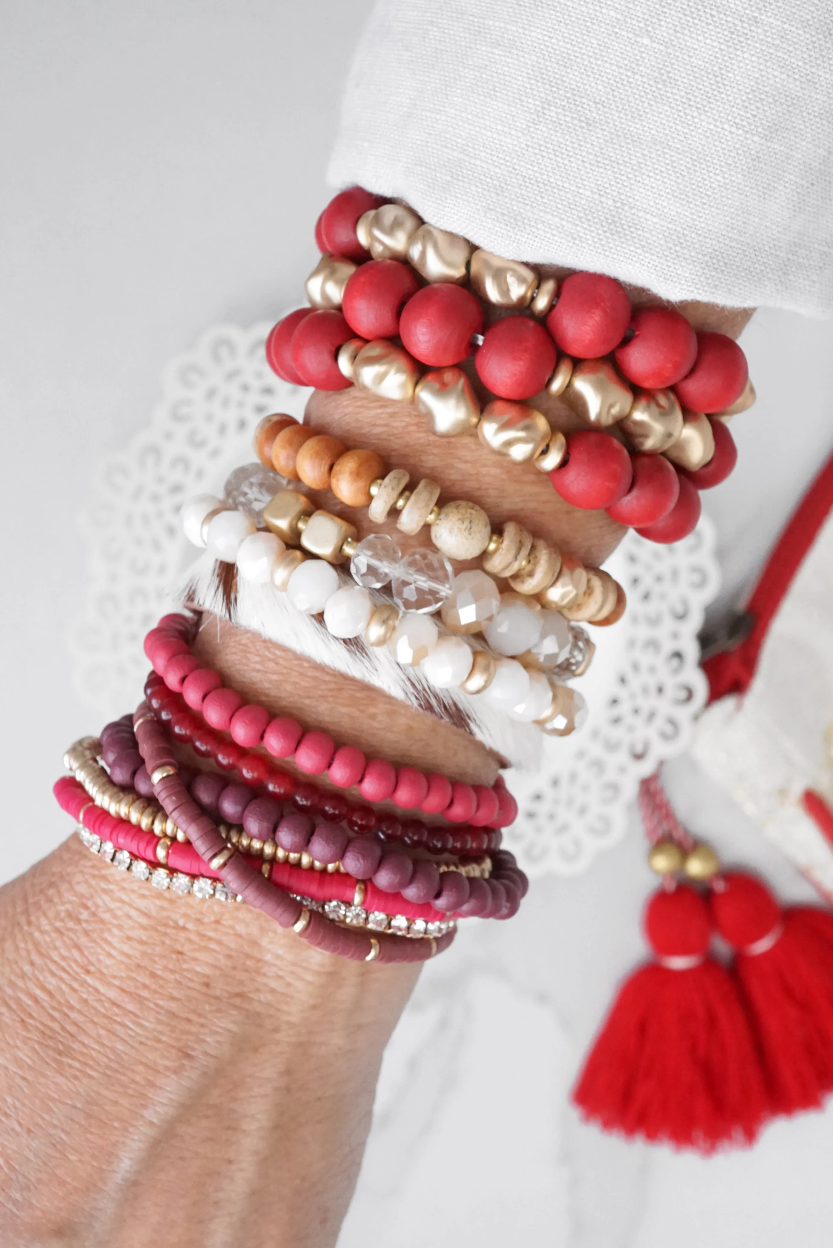 Beaded Bracelets stack of 7 in Reds