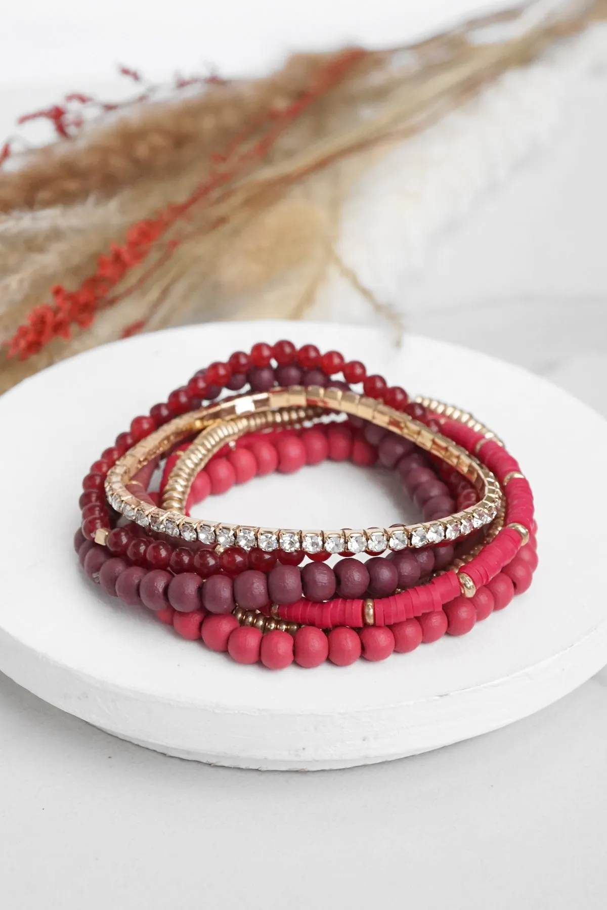 Beaded Bracelets stack of 7 in Reds