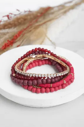 Beaded Bracelets stack of 7 in Reds